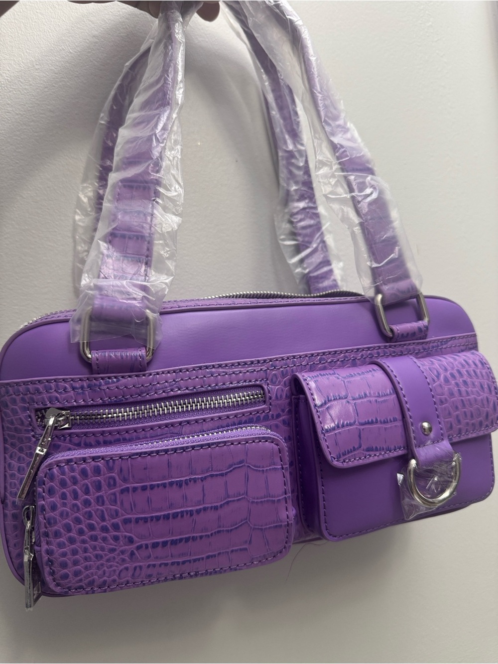 Dolls Kill Purple Croc-Texture Shoulder Bag with Front Pockets